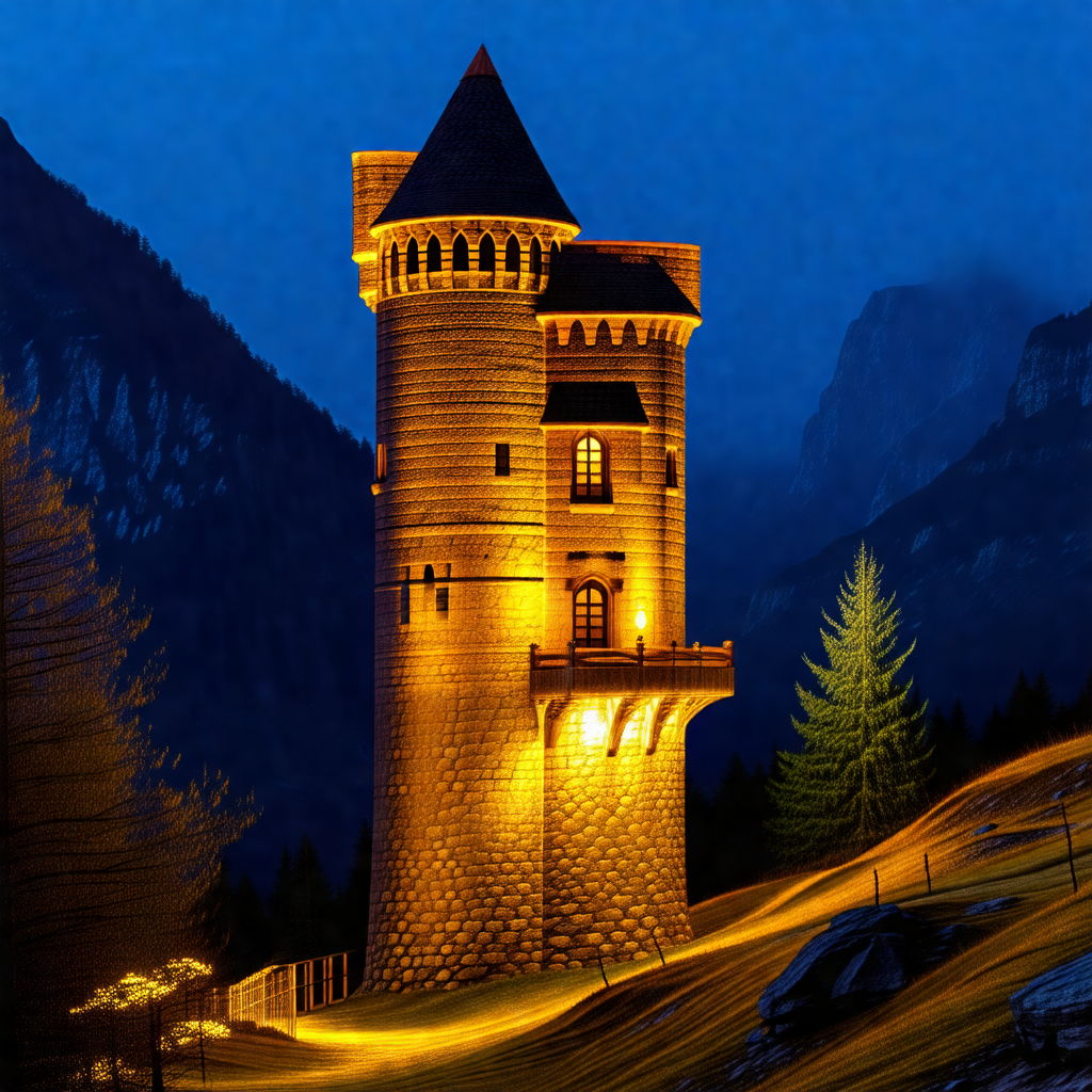 Tall, old brick castle towering over a lush green hillside