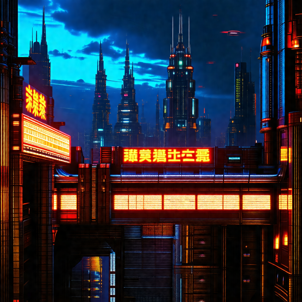 Futuristic cityscape with a large, illuminated bridge spa...