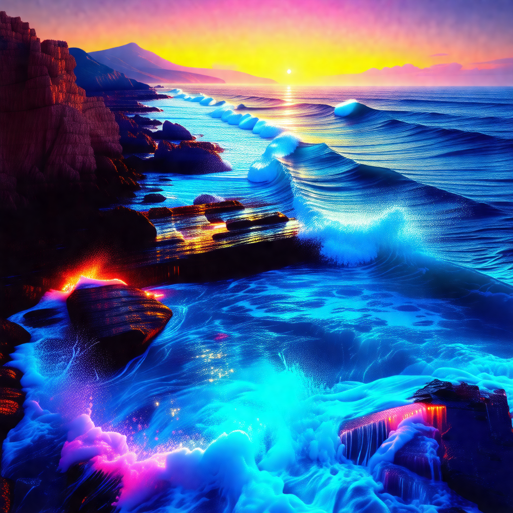 Painting of a beautiful ocean scene with a sunset in the ...