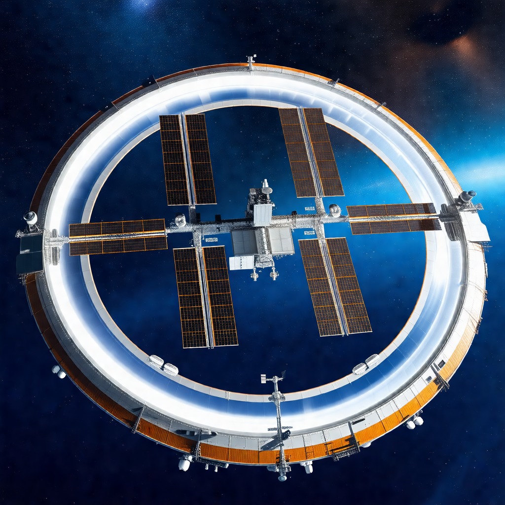 Large, futuristic space station with a circular shape