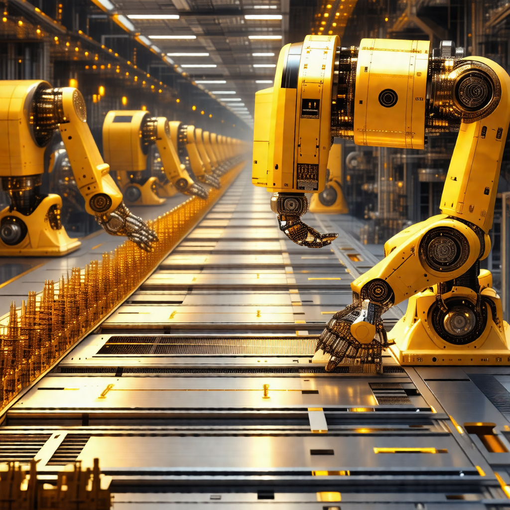 Factory with a long row of yellow robots lined up on a co...