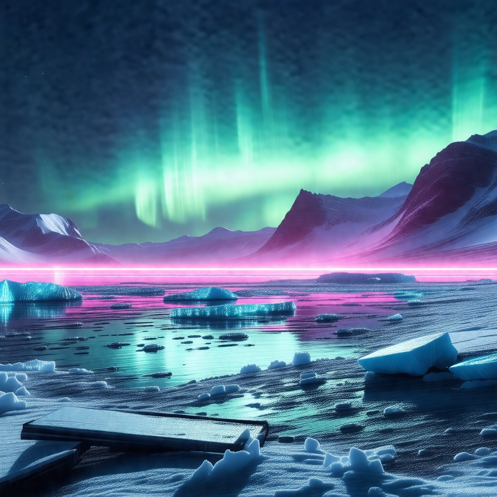 Beautiful scene of a frozen lake at night, with a sky ful...