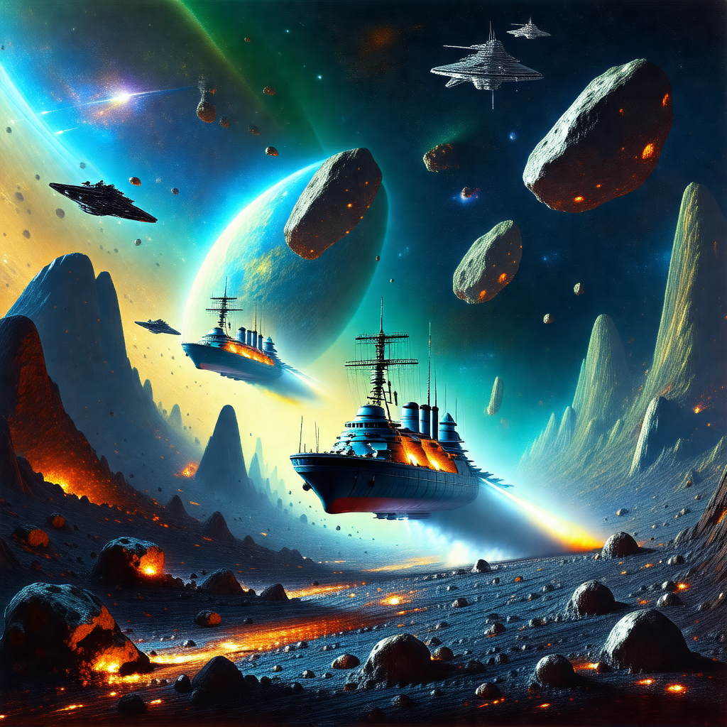 Painting of a futuristic space scene, featuring a group o...