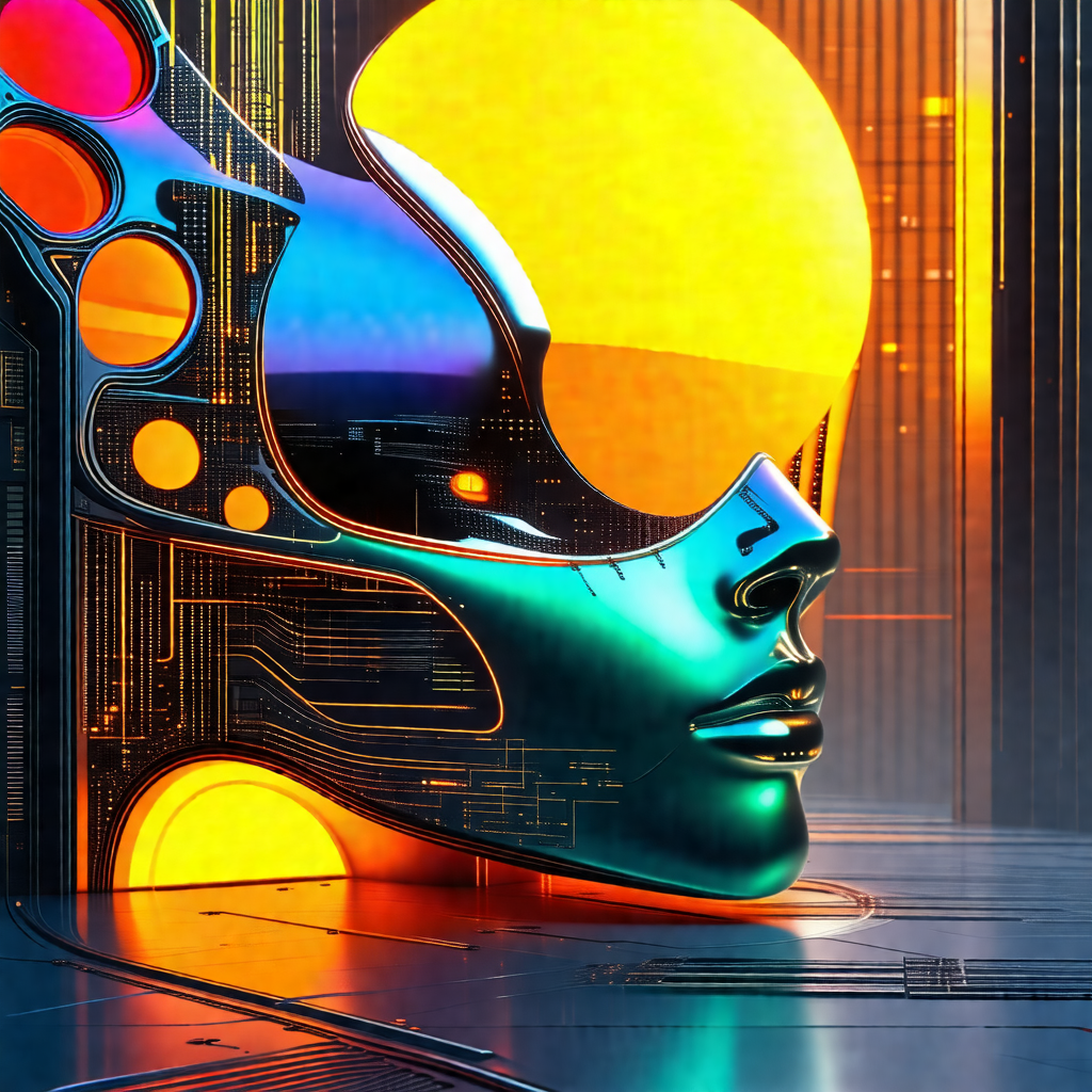 Futuristic, robotic head with a large, round, yellow sun ...