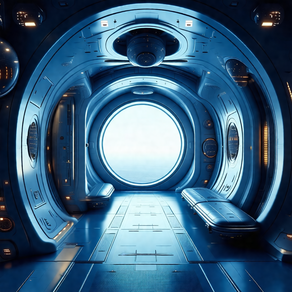 Futuristic space station with a large, open room that app...