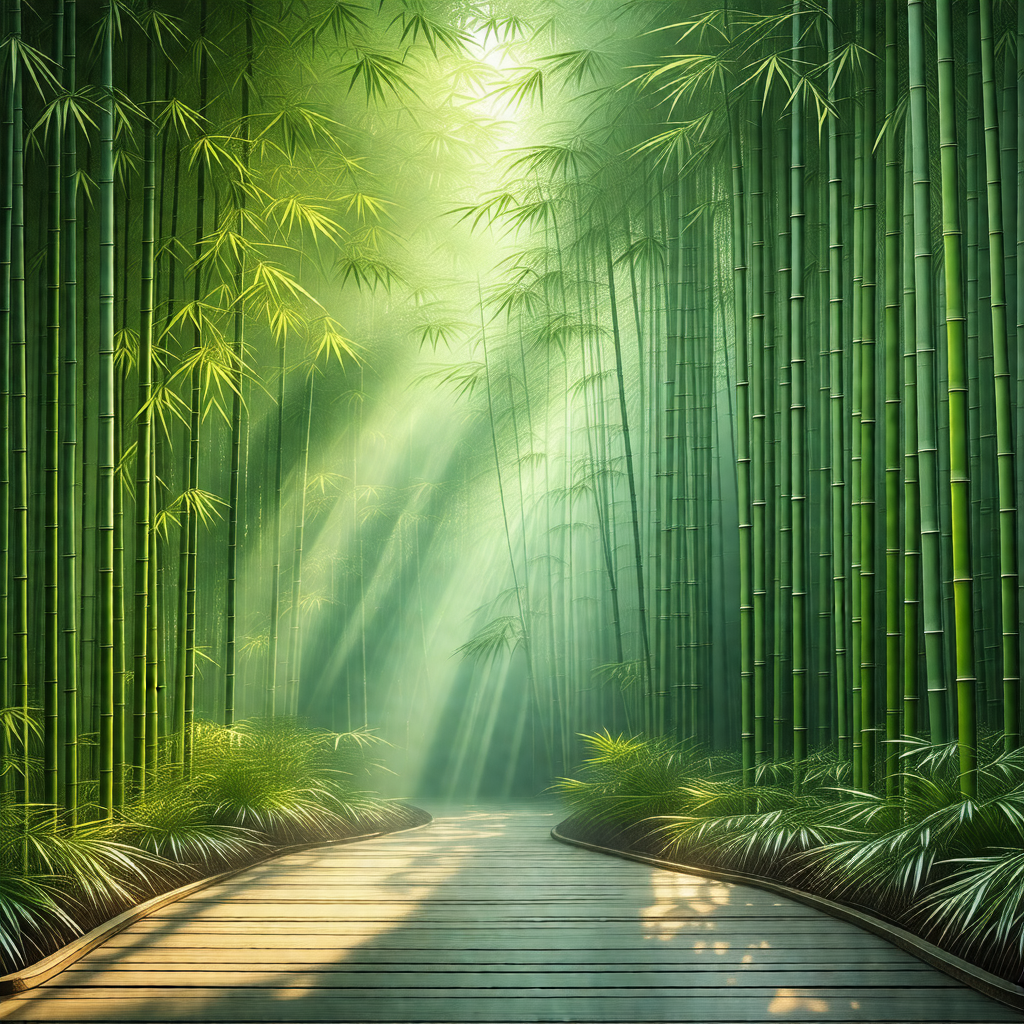 Pathway surrounded by a dense forest of bamboo trees