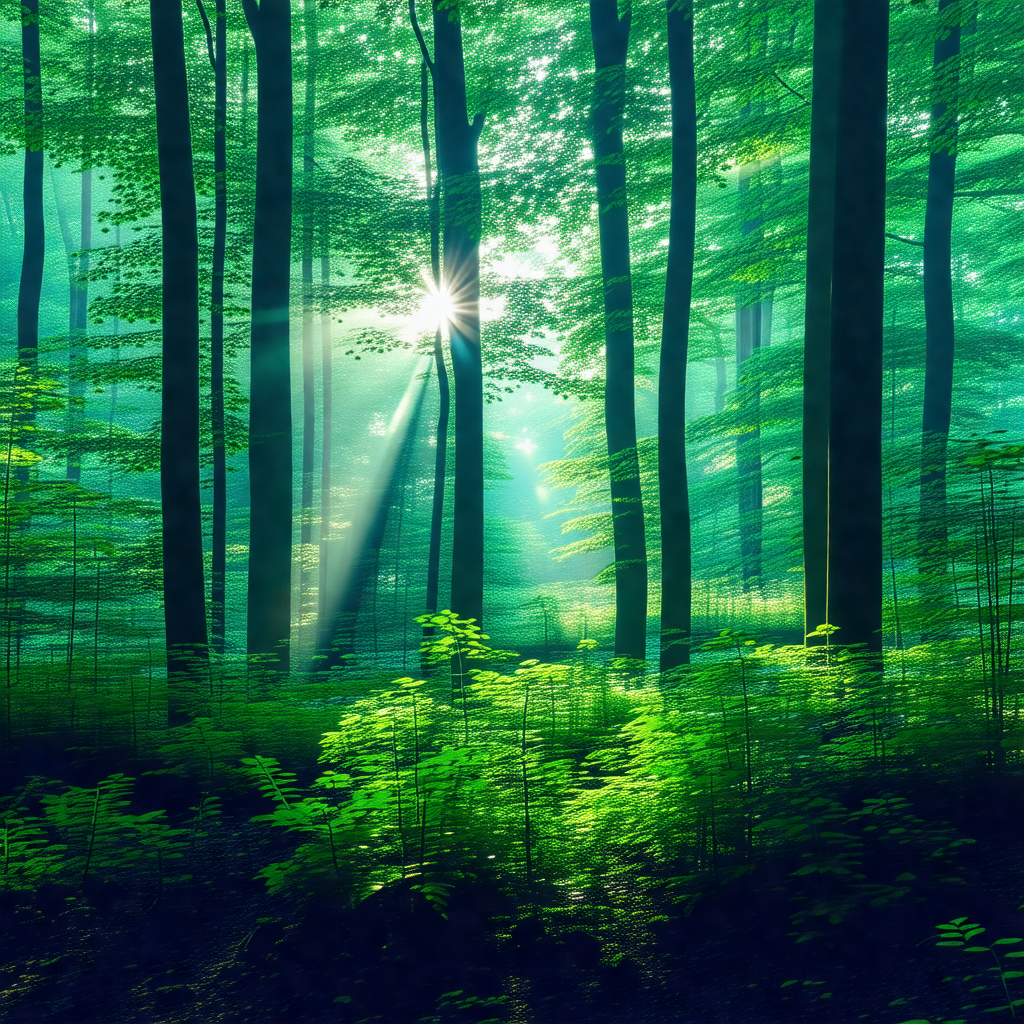 Lush green forest filled with trees and a sun shining thr...