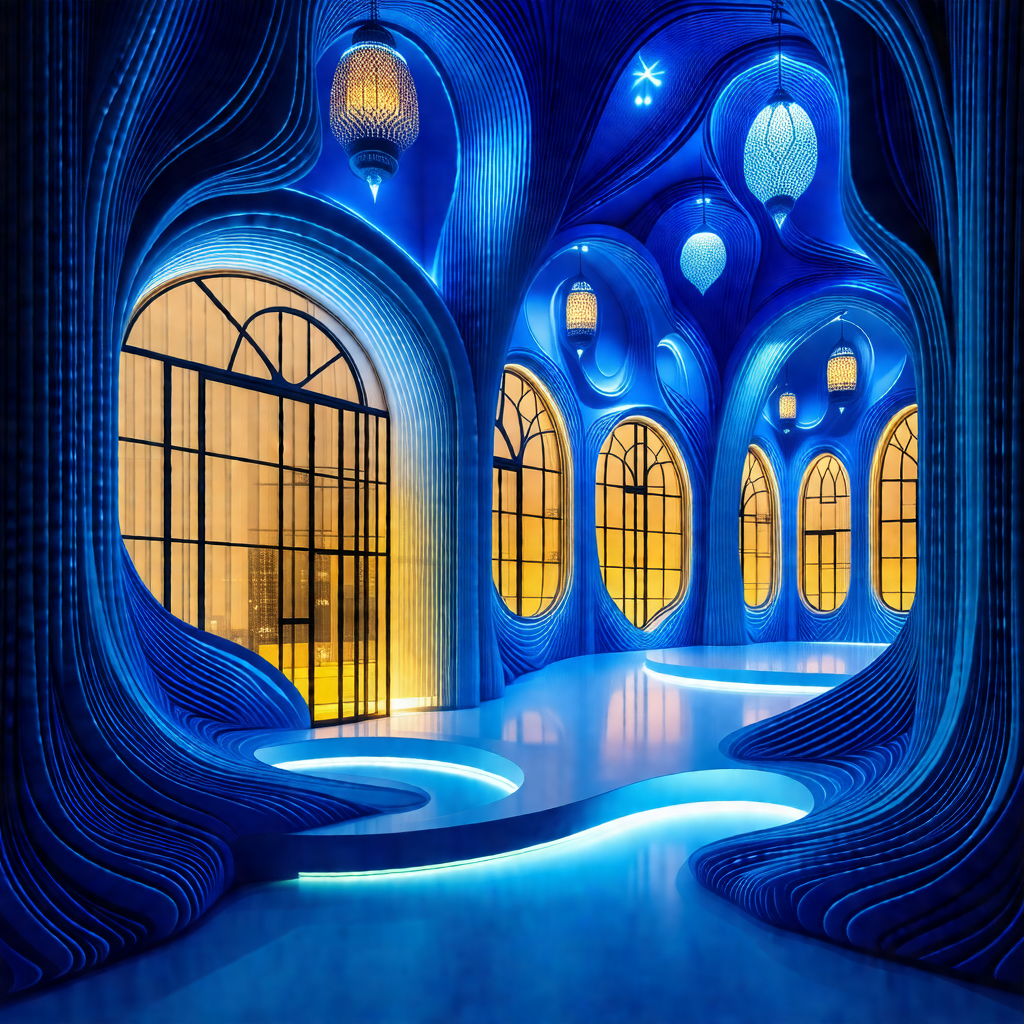 Large, blue, and white room with a long, curved hallway