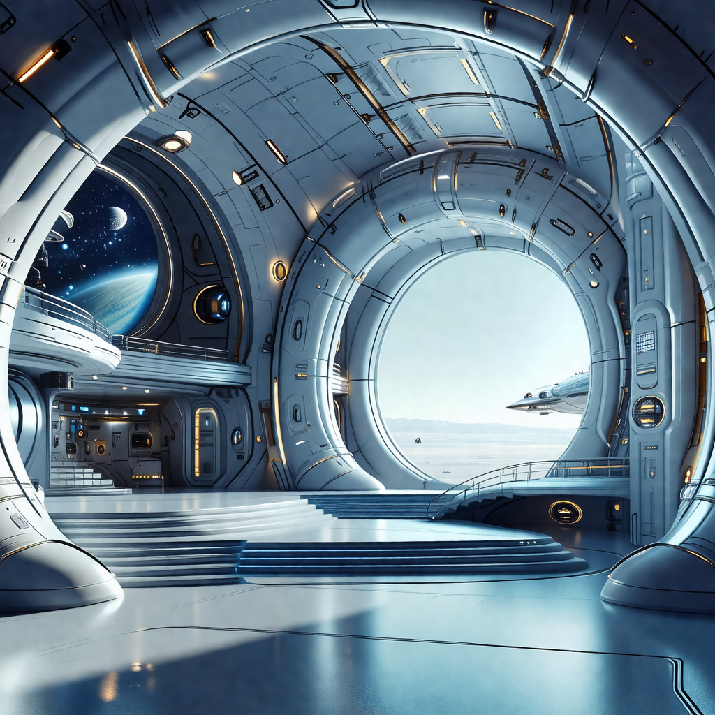 Futuristic space station with a large, open, and circular...