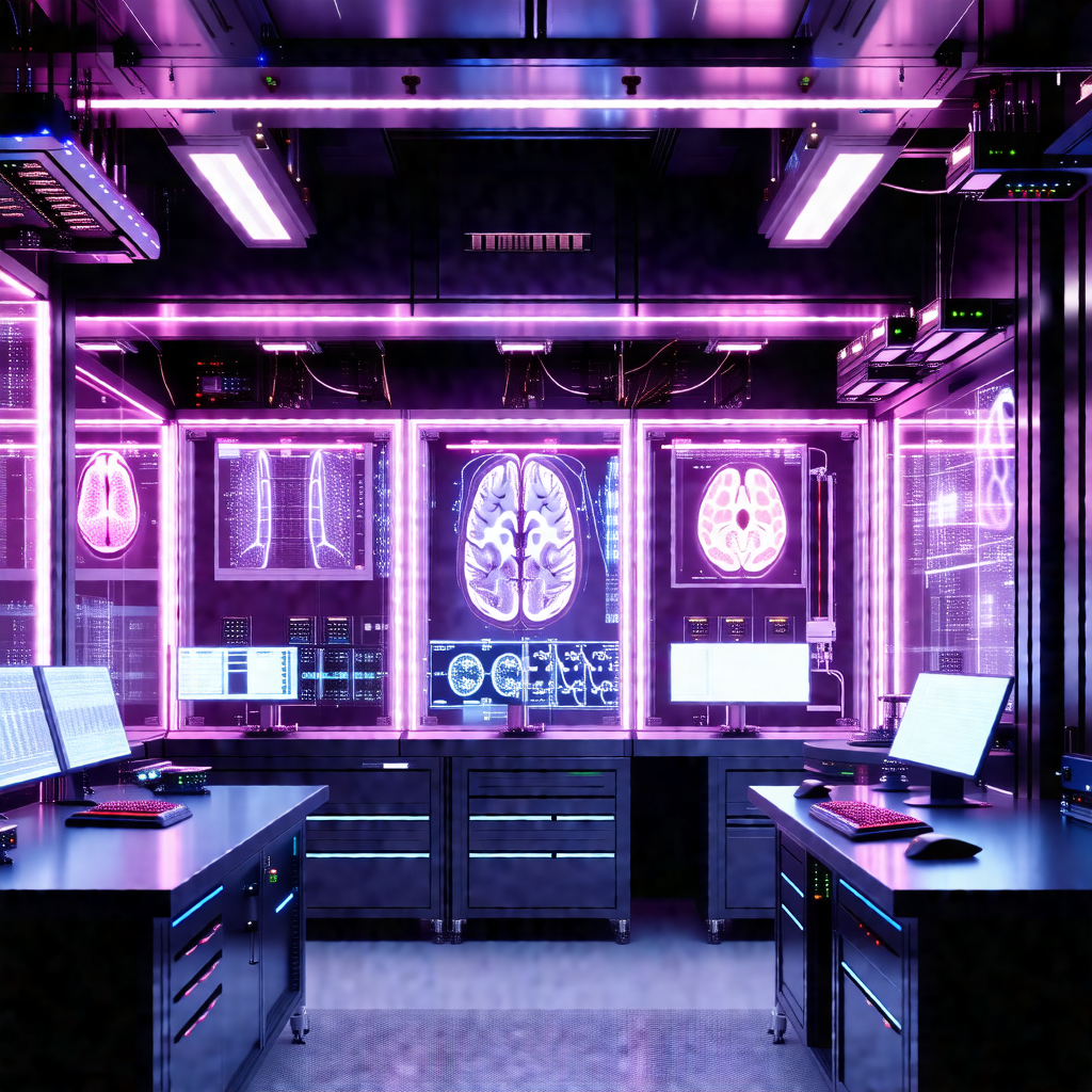 Futuristic laboratory with a purple glow, featuring a lar...