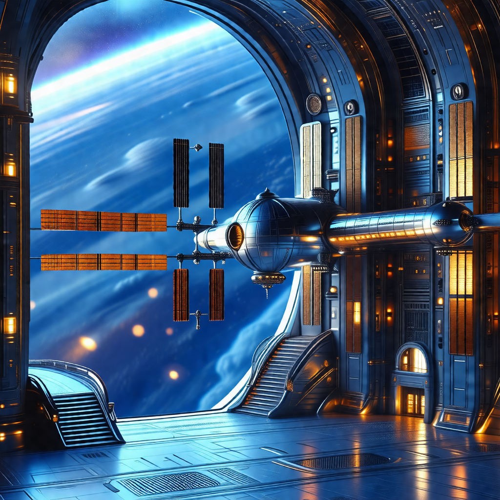 Futuristic space station with a large spacecraft docked i...