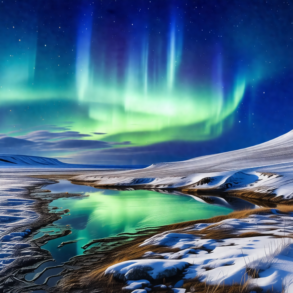 Captures a beautiful night scene with a lake surrounded b...