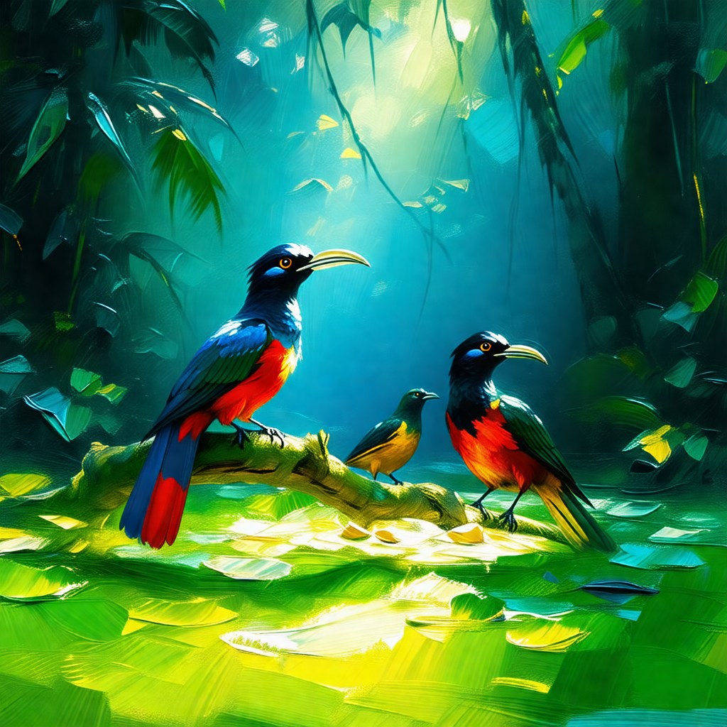 Lush green forest with a variety of birds perched on tree...