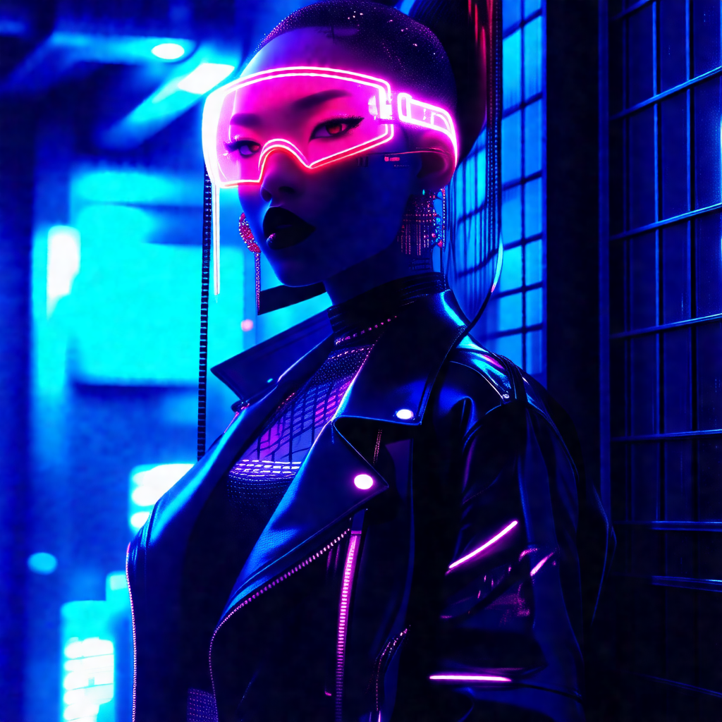 Woman wearing a futuristic outfit, including a black jack...