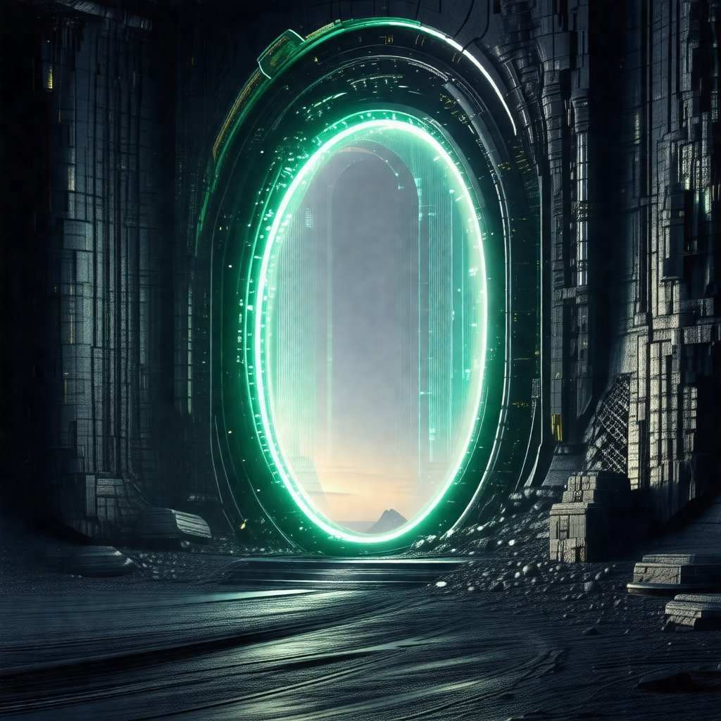 Futuristic, green-lit doorway that appears to be a part o...