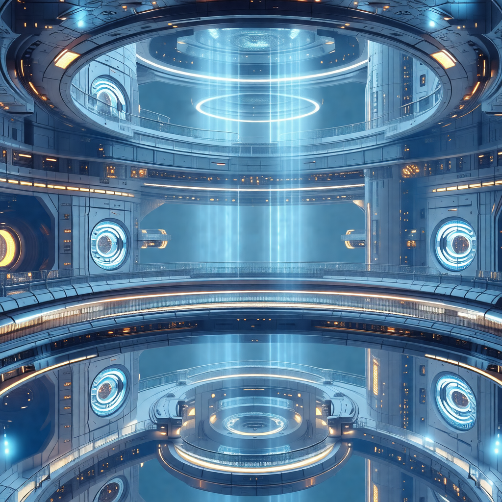 Futuristic, blue-lit room with a large, open space
