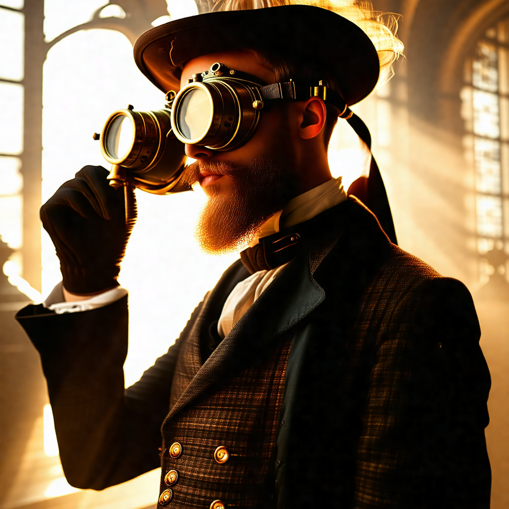 Man wearing a top hat and glasses, looking through a pair...