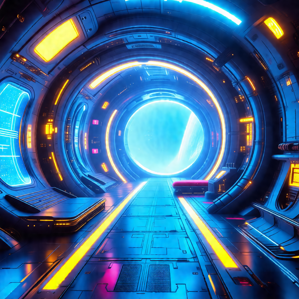 Futuristic scene with a blue tunnel leading to a brightly...