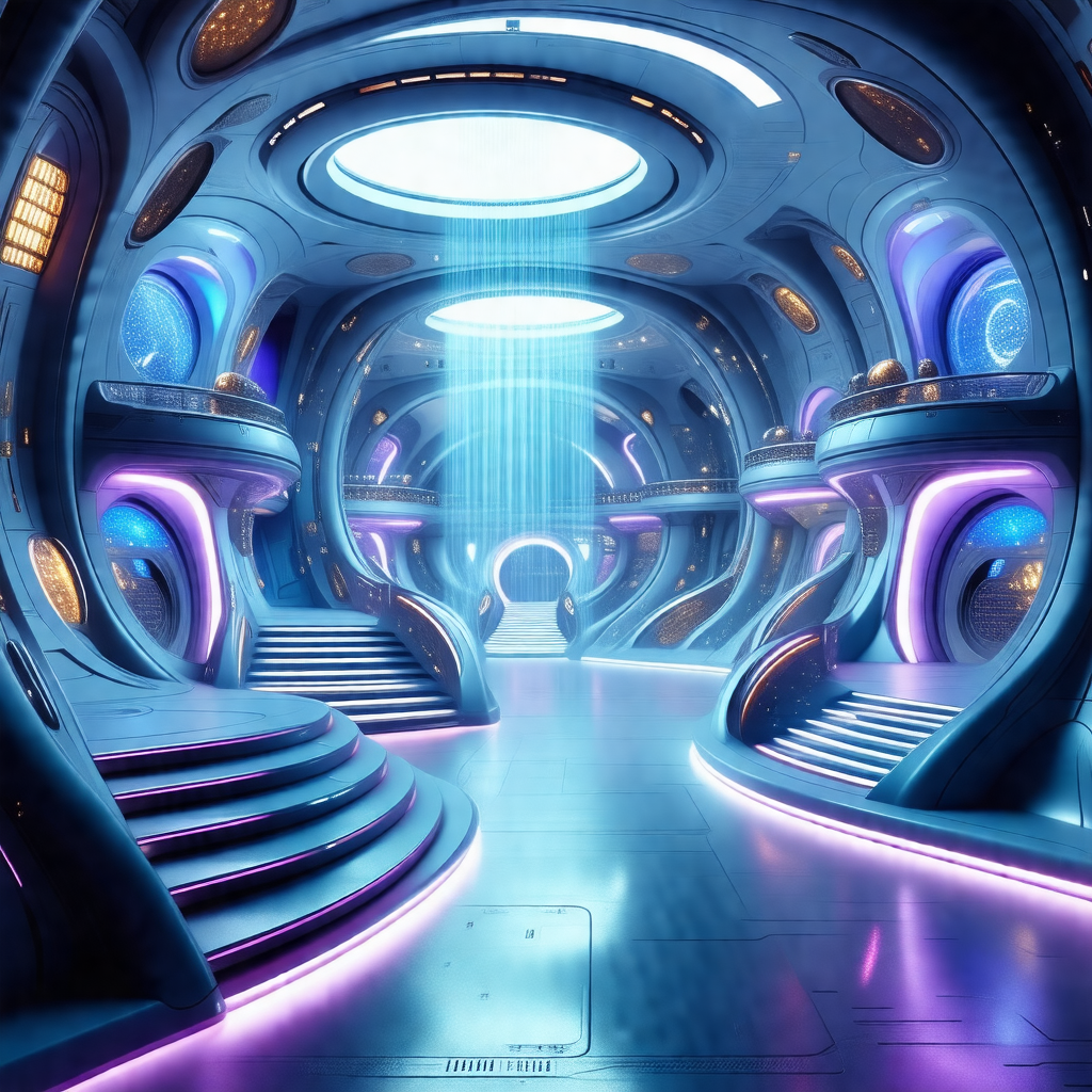 Futuristic space station with a large, open area that app...
