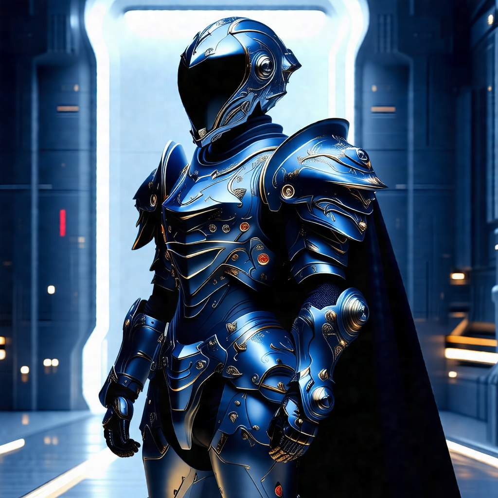 Futuristic scene with a person wearing a blue and gold su...