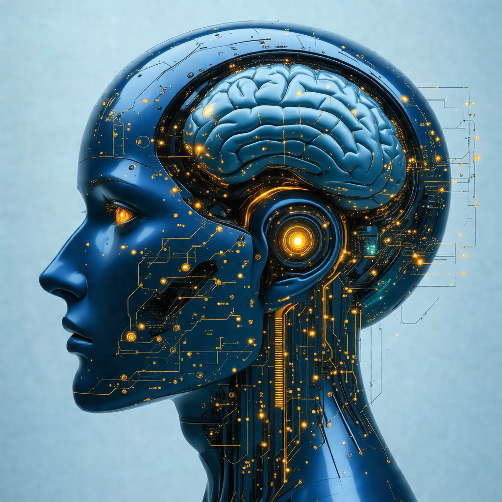Close-up of a blue robotic head with a yellow brain