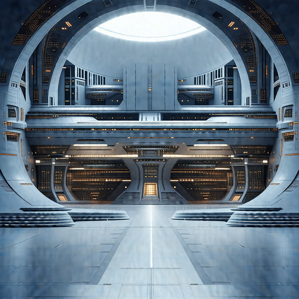 Futuristic space station with a large, open, and empty room
