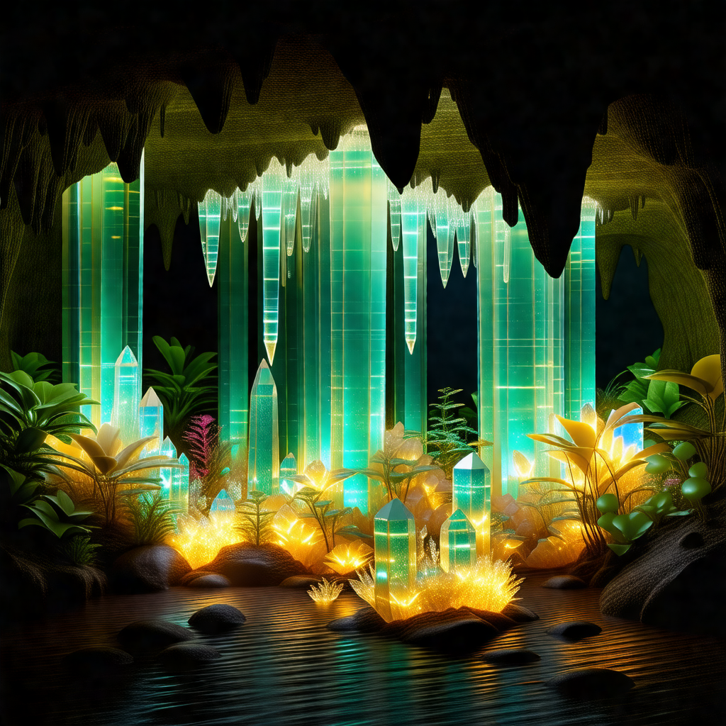 Cave with a waterfall and a river flowing through it