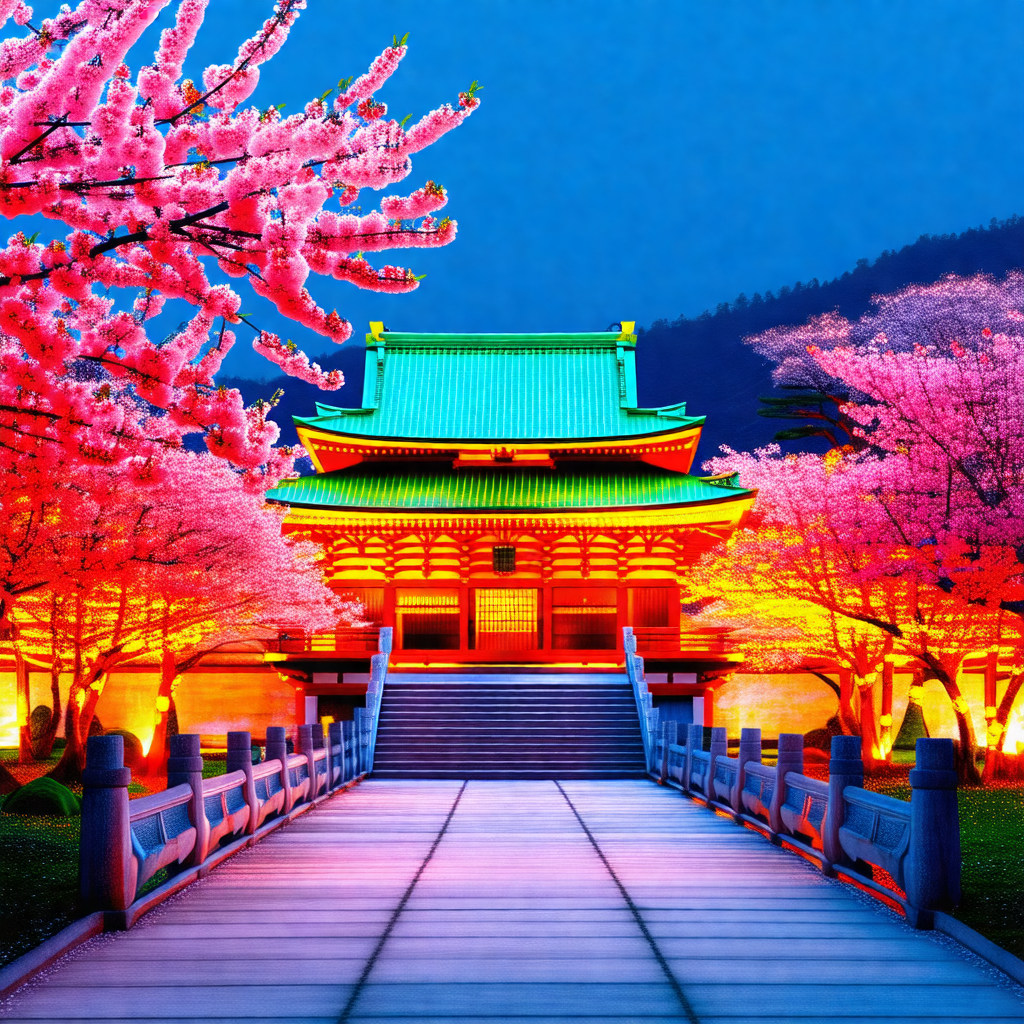 Beautifully lit asian palace with a long, winding path le...