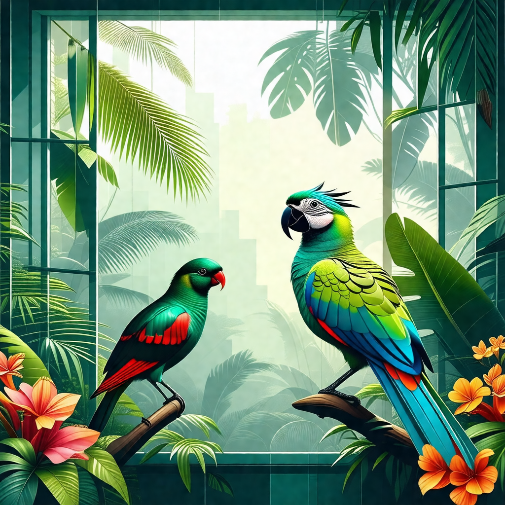 Two colorful birds perched on a branch in front of a window