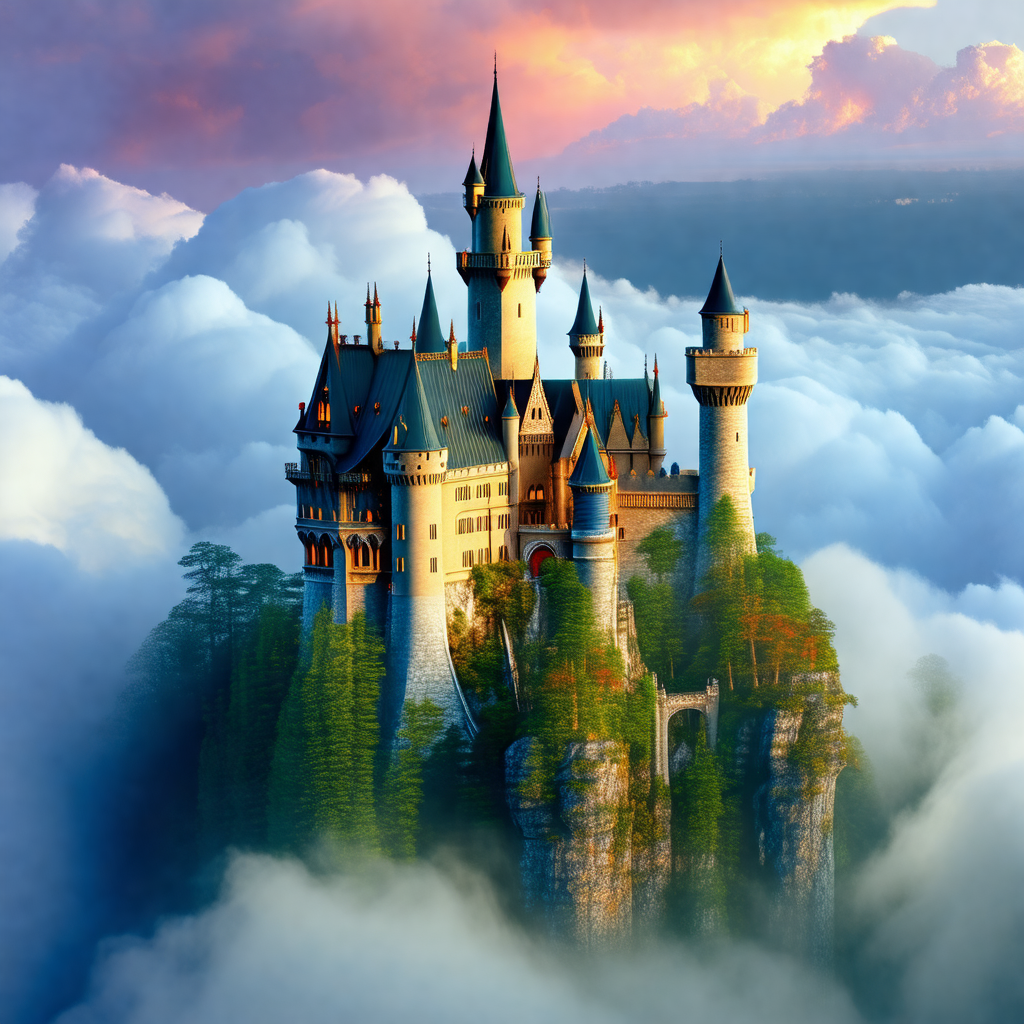 Majestic castle, which appears to be floating in the clouds