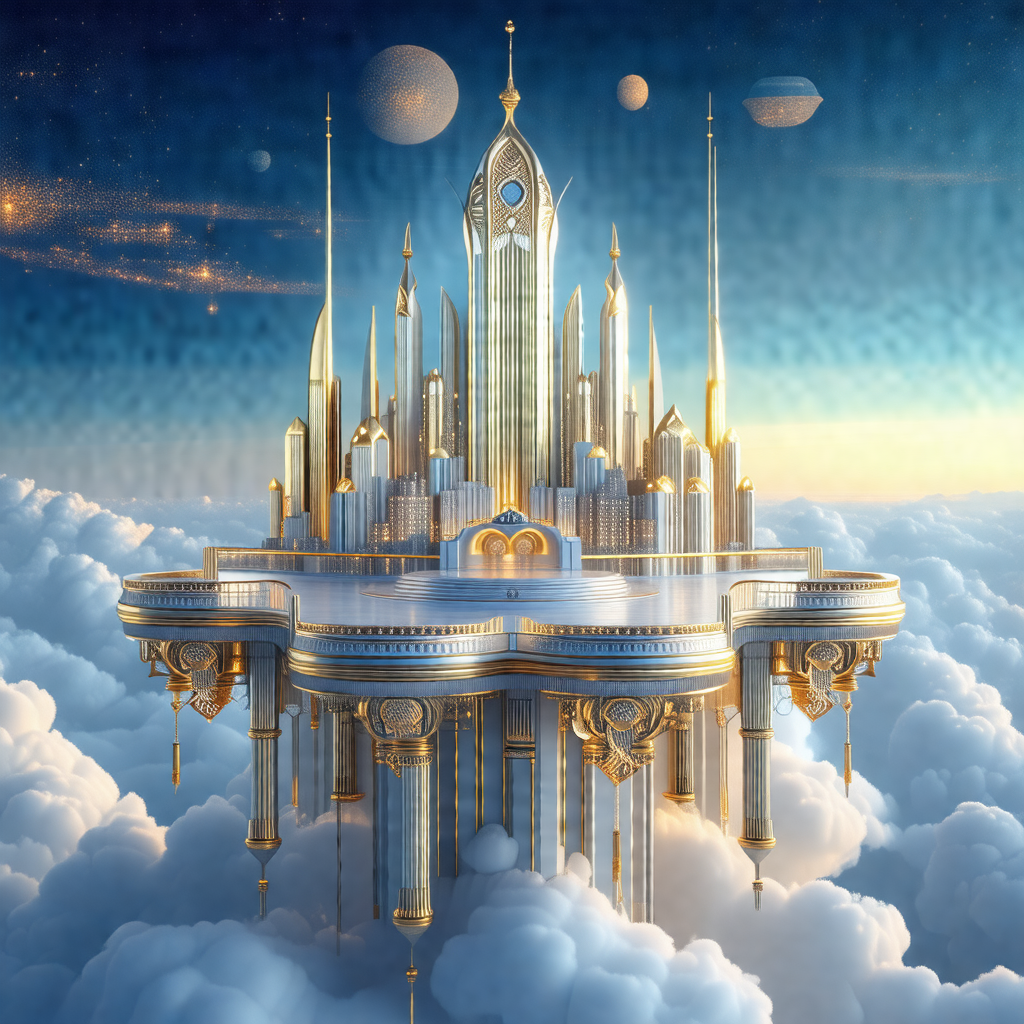 Large, ornate castle floating high in the sky