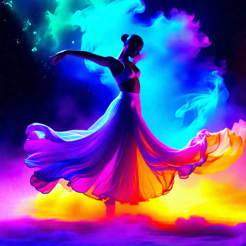Woman in a flowing dress, dancing in a colorful, swirling...