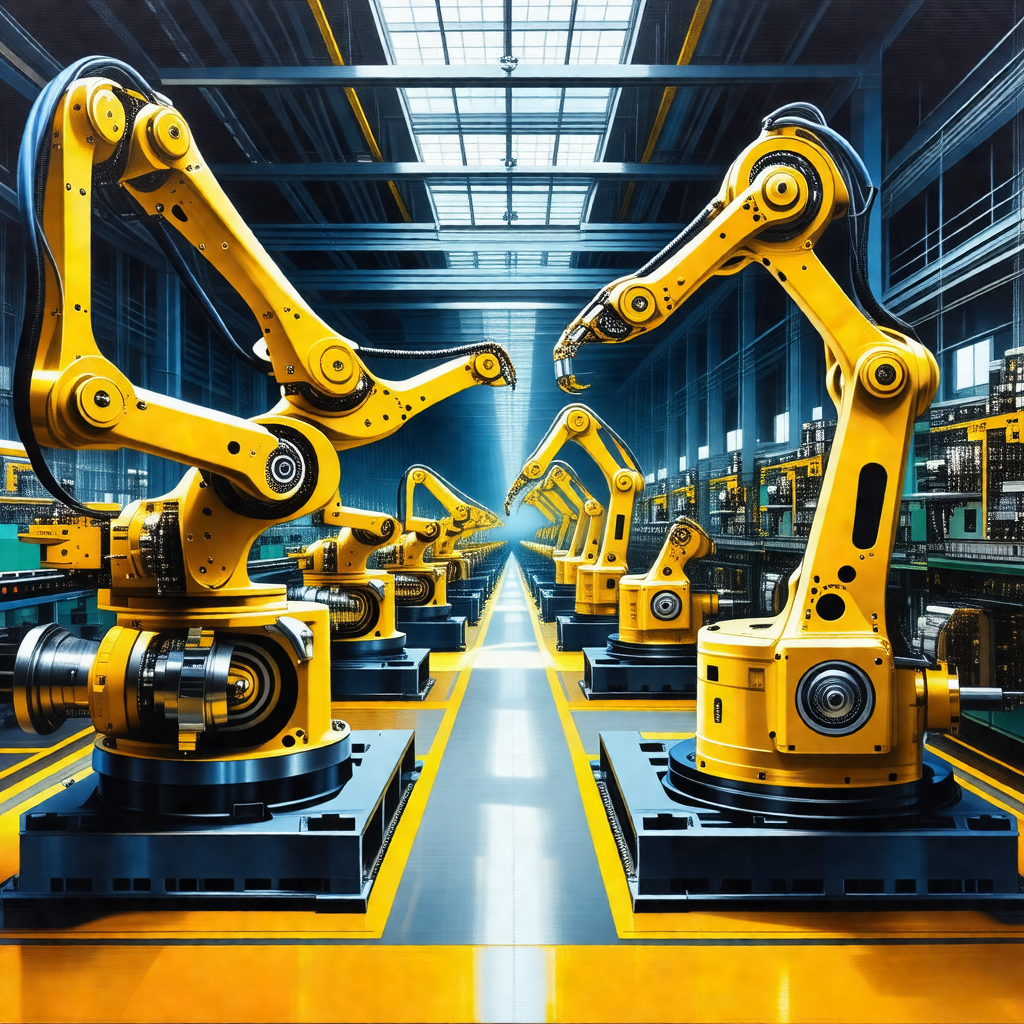 Factory with a large number of yellow robots lined up in ...