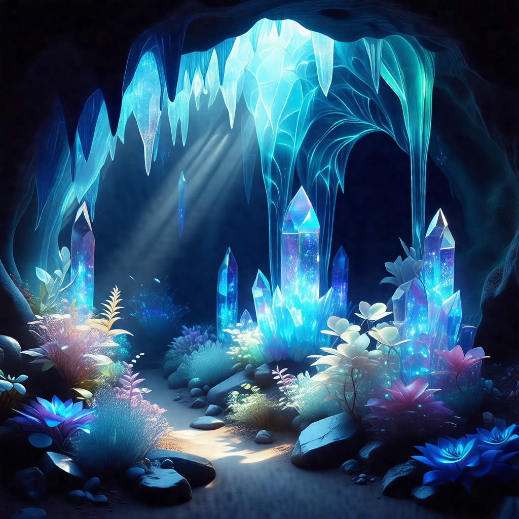 Cave with a blue light illuminating the interior