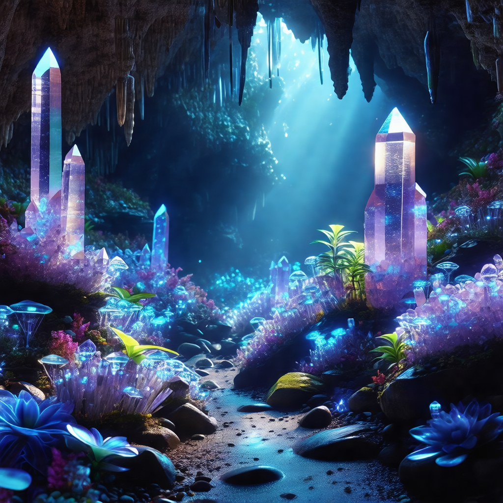 Digital painting of a cave with a river flowing through it