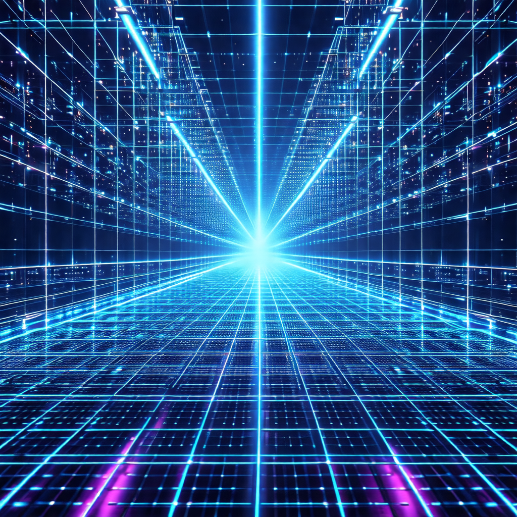 Futuristic, computer-generated scene featuring a bright b...