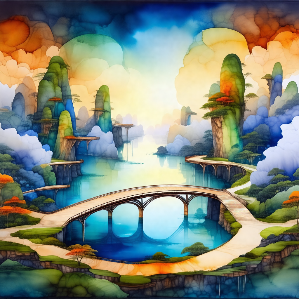 Painting of a beautiful waterfall with a bridge crossing ...