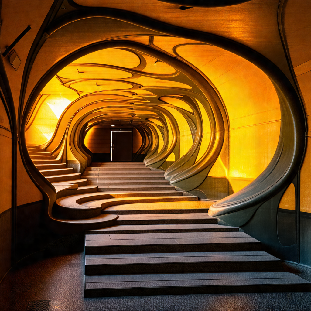 Long, narrow hallway with a staircase leading to a door