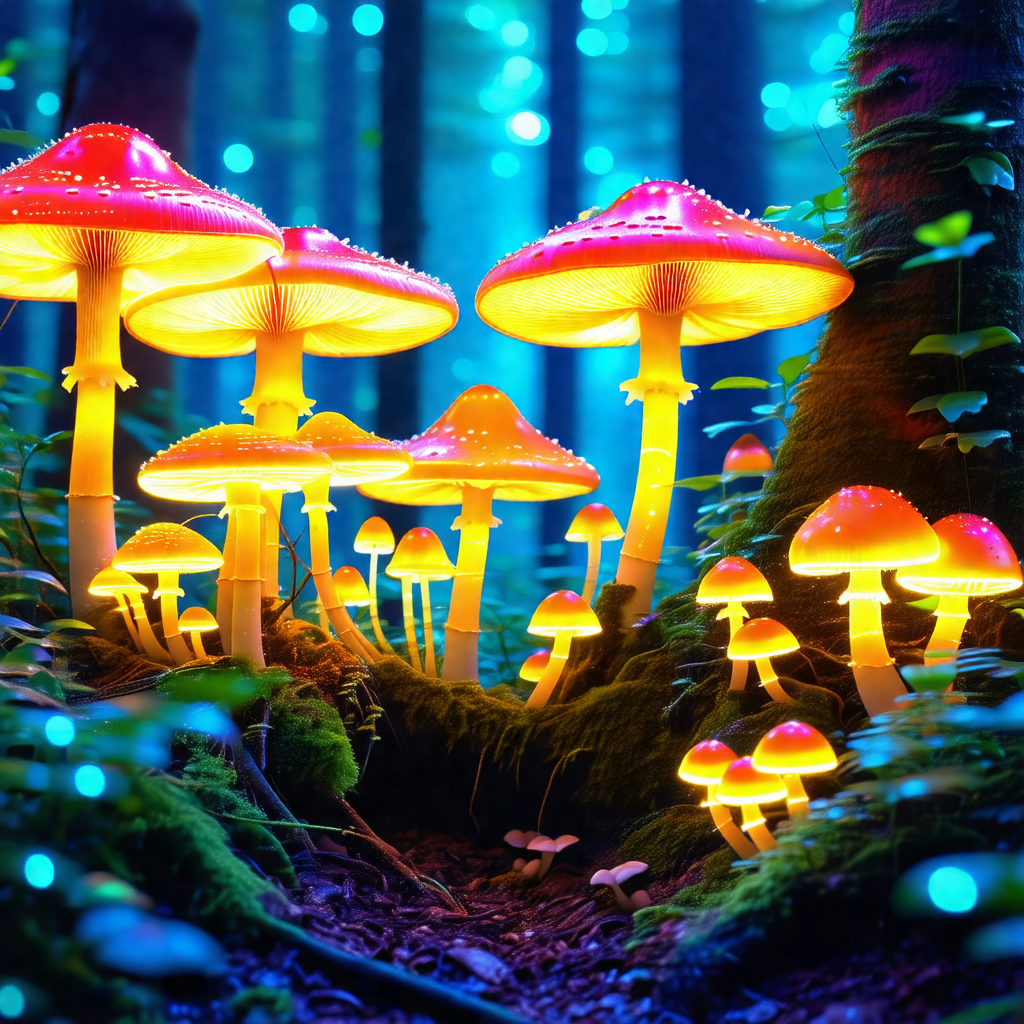 Forest with a group of glowing mushrooms scattered throug...