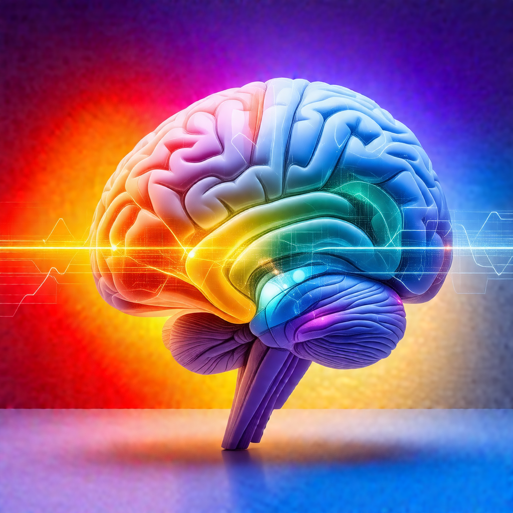 Close-up of a human brain, with a vibrant rainbow color s...