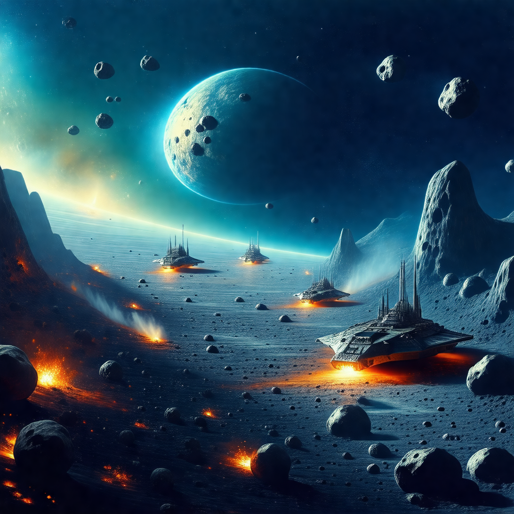 Futuristic scene with a group of spaceships flying throug...