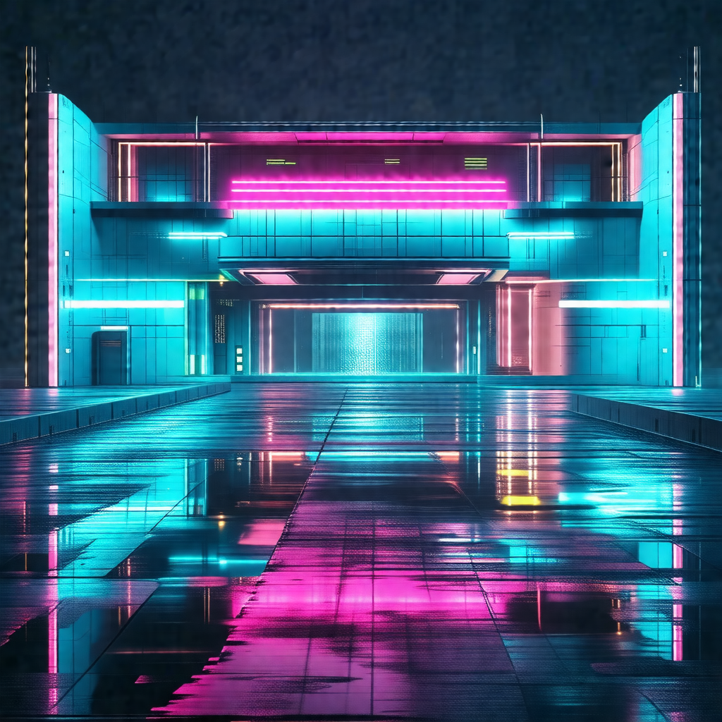 Large, colorful building with a pink and blue facade