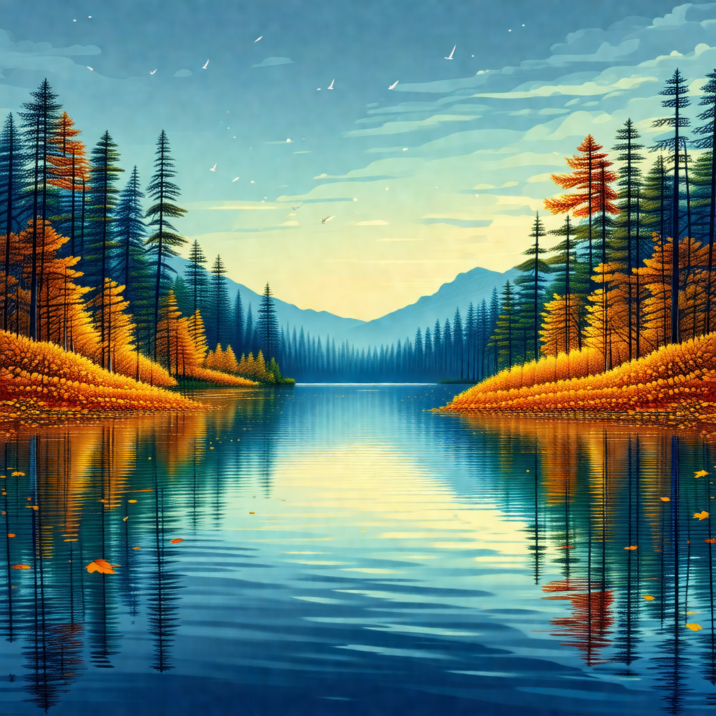Painting of a serene lake surrounded by trees