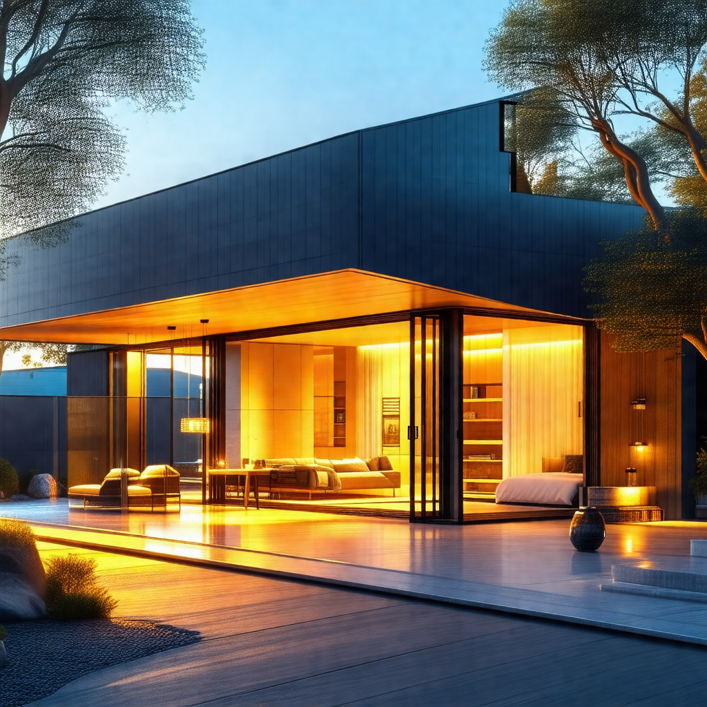 Large, modern house with a large window and a slanted roof
