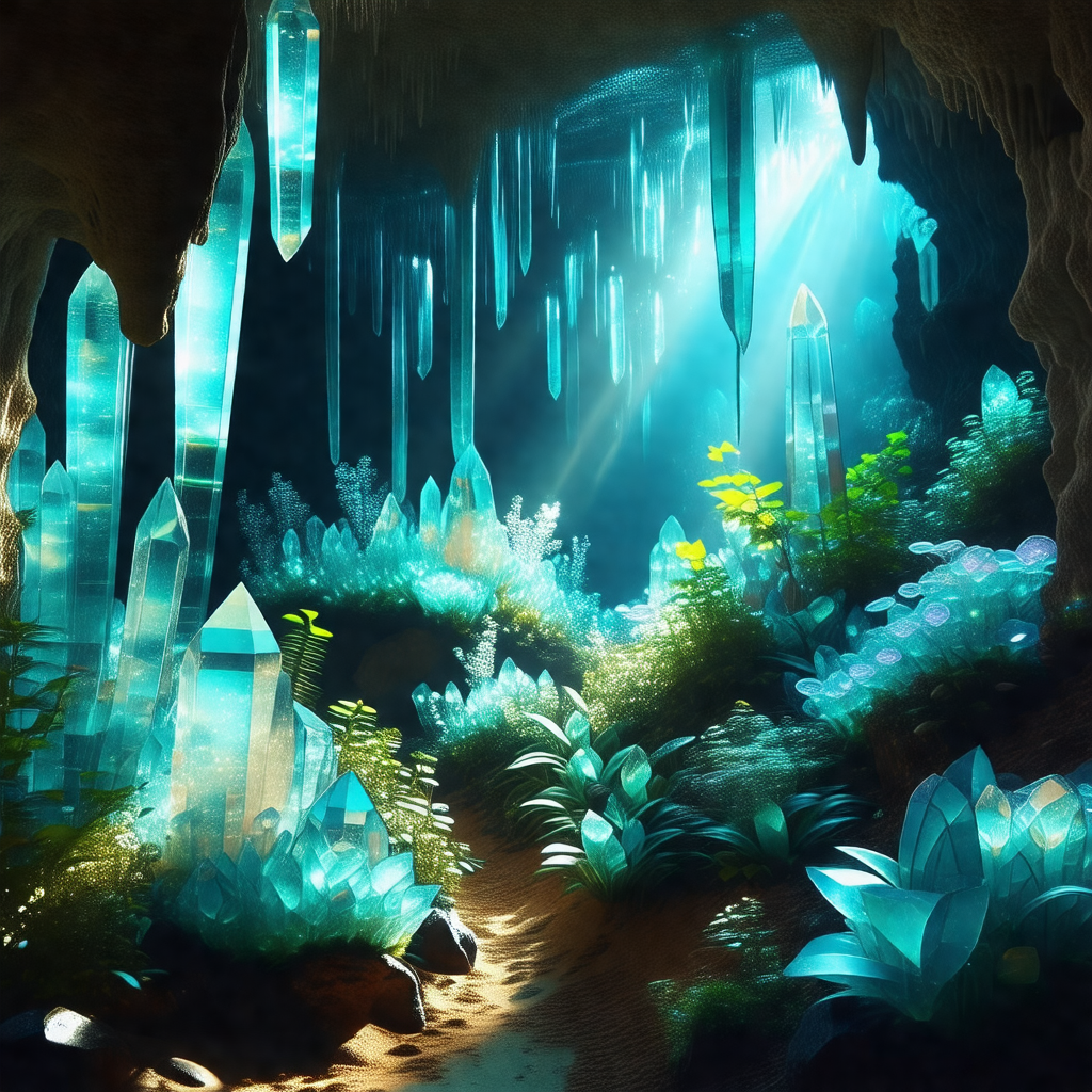 Computer-generated (cgi) scene of a cave with a blue ligh...