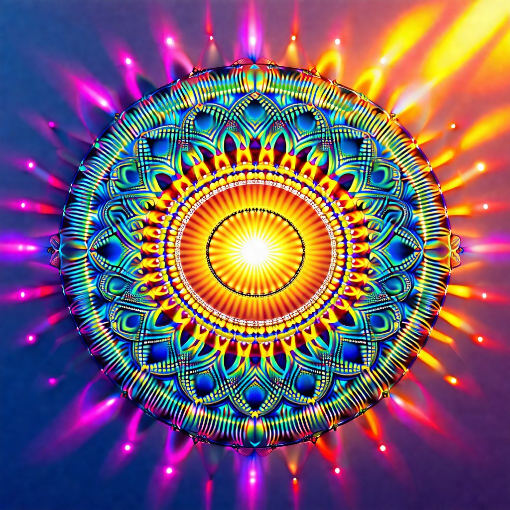Colorful, geometric design that resembles a sun or a flower