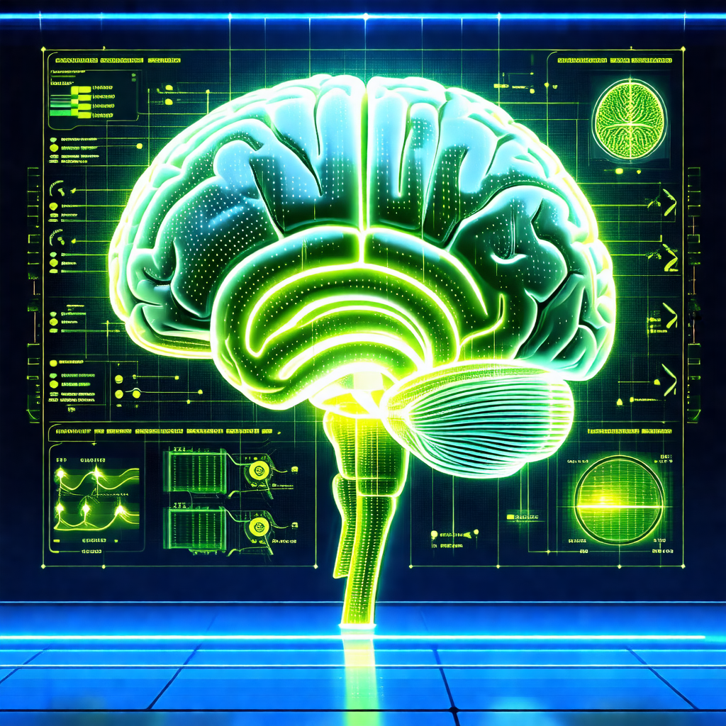 Close-up of a human brain, with a green glow surrounding it