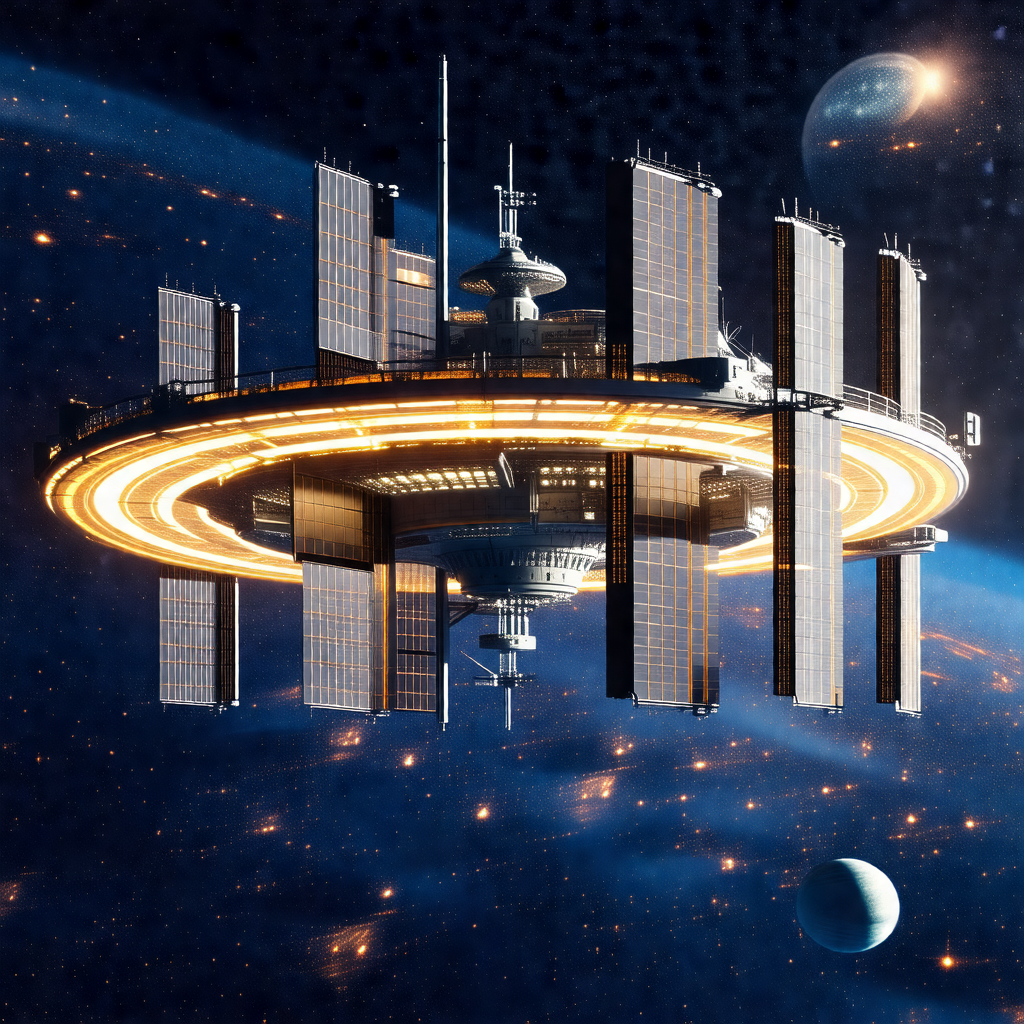 Large spacecraft with a dome-shaped structure on top, flo...