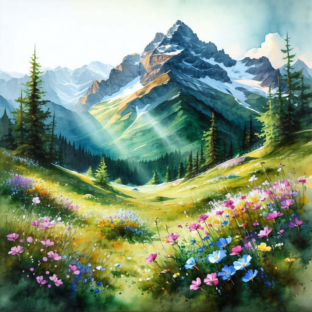Beautiful mountain landscape with a lush green field and ...