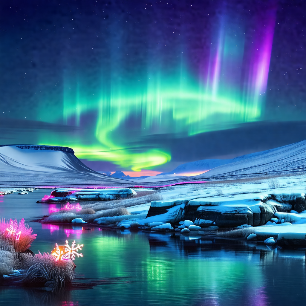 Beautiful night scene with a frozen lake surrounded by sn...